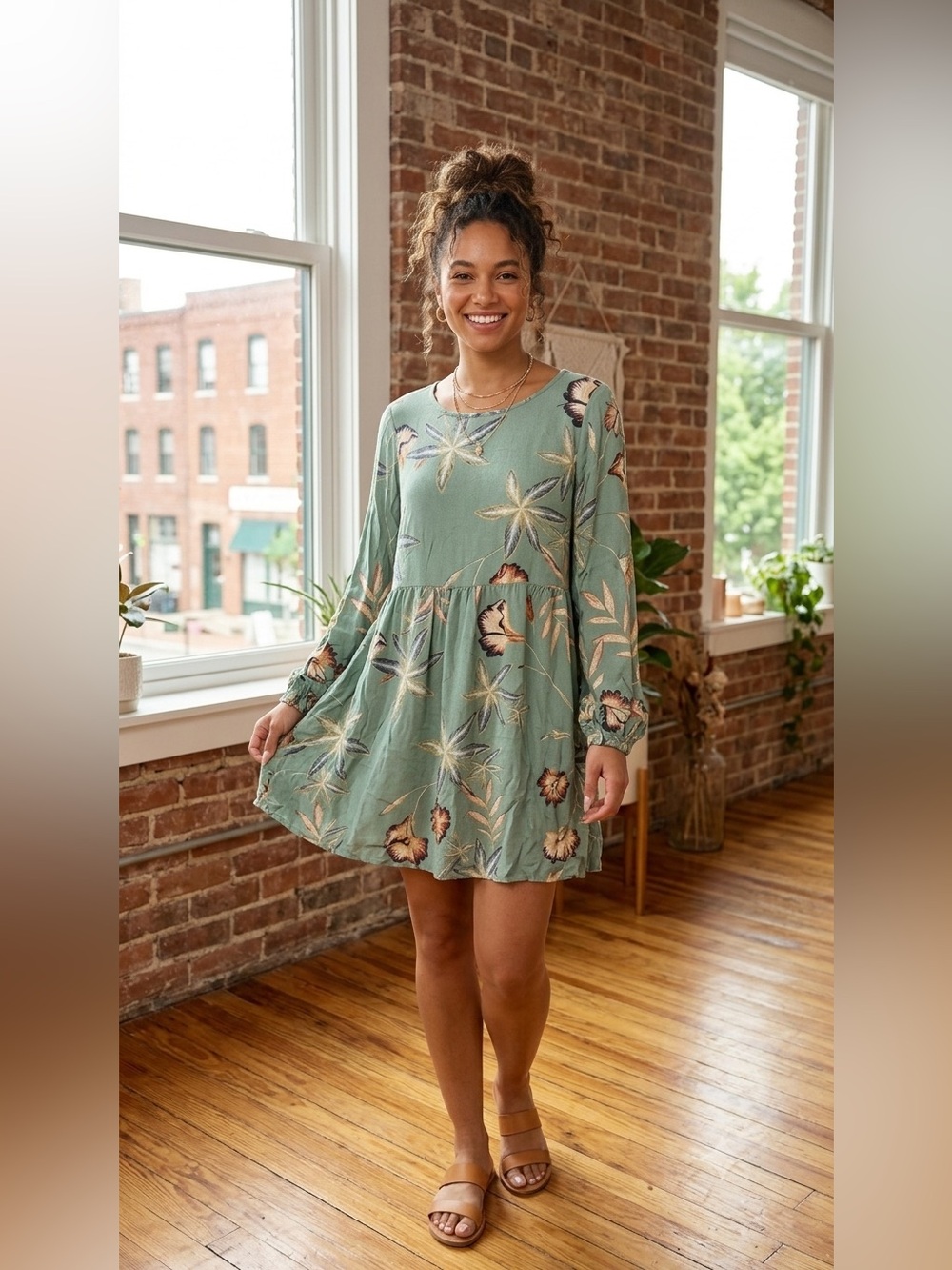 Roxy Sage Green Floral Mini Dress Small